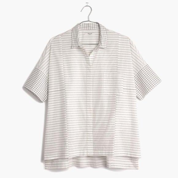 Madewell Grid-Mix oversized relaxed white cotton short sleeve button up C5712 - Picture 1 of 8